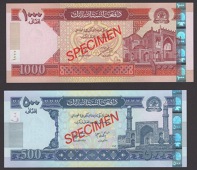 Afghanistan Bank, specimen 500 Afghanis, 1383 (2004), and specimen 1000 Afghanis, 1381 (2002), all-zero serial...