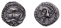 Early Anglo-Saxon Period, Sceatta, Primary series Z, type 66a, broad face, almond-shaped eyes, downward swept...