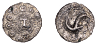 Early Anglo-Saxon Period, Sceatta, Secondary series H, type 49, facing head of Wodan with pelleted inner circle,...
