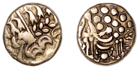 British Iron Age, BELGAE, Uninscribed issues, British D [Chute Type], devolved head of Apollo right, rev. disjointed...