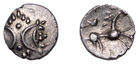 British Iron Age, ICENI, Ecen (c. AD 10-43), silver Half Unit, Mini Stick Horse type, back to back open crescents...