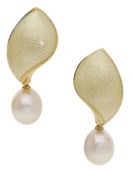 A pair of enamel and cultured pearl ear clips by De Vroomen, the yellow enamel scrolls suspending detachable...