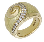An 18ct gold enamel and diamond ring by De Vroomen, 2000, the tapered yellow enamel panels leading to a central...