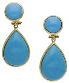 A pair of simulated turquoise ear pendants, the circular cabochon surmounts suspending pear-shaped drops, stamped...