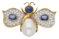 An 18ct gold sapphire, diamond and cultured pearl butterfly brooch by Deakin & Francis, 1993, the wings pavé-set...
