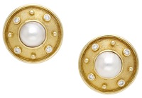 A pair of cultured mabé pearl and diamond earrings, the textured roundels each set with alternating collet-set...