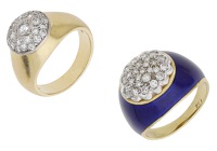 Two diamond bombé rings, the first with a cluster of single-cut diamonds to a tapered blue enamel mount, the second...