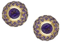 A pair of amethyst earrings, of bombé design, set throughout with circular-cut amethysts, maker’s mark for Enrica...