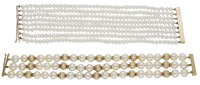 Two cultured pearl bracelets, the first of three rows of cultured pearls with reeded bead spacers, together with an...