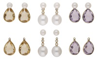 A pair of interchangeable cultured pearl and gem-set earrings, with detachable drops, to include brilliant-cut...