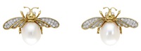 A pair of cultured pearl and diamond bee brooches by Deakin & Francis, the wings and eyes set with brilliant-cut...
