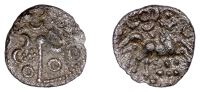 British Iron Age, DOBUNNI, Uninscribed issues, silver Unit, Cotswold Crosses type, moon head right, nose and stalk...