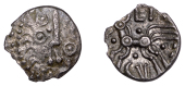 British Iron Age, DOBUNNI, Eisu (c. AD 20-43), silver Unit, Oxo type, head right, pellet triads for hair,...