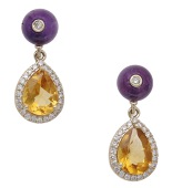 A pair of citrine and amethyst earrings, each amethyst bead surmount inlaid with a brilliant-cut diamond, suspending...