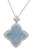 An aquamarine and diamond pendant by Fei Liu, of quatrefoil design, the fancy-cut aquamarine cabochon within a...
