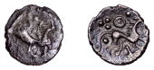 British Iron Age, ICENI, Uninscribed issues, silver Half Unit, Stickman Boar type, stylised boar right, S-shaped...