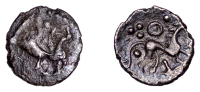 British Iron Age, ICENI, Uninscribed issues, silver Half Unit, Stickman Boar type, stylised boar right, S-shaped...