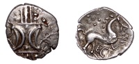 British Iron Age, ICENI, Ecen (c. AD 10-43), silver Unit, Trefoil type, double crescent emblem on vertical wreath,...