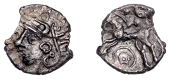 British Iron Age, EAST WILTSHIRE, Uninscribed issues, silver Unit, Helmet Lyre type, helmeted head left, rev. horse...
