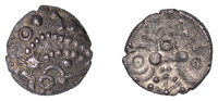 British Iron Age, EAST WILTSHIRE, Uninscribed issues, silver Unit, Six-Spoked Pellet Ring type, moon head right,...