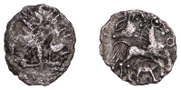 British Iron Age, REGINI, Uninscribed issues, silver Unit, Chichester Boar type, trace of diademed head right,...
