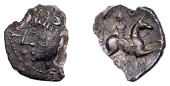 British Iron Age, CANTII, Eppillus (c. AD 1-15), silver Unit, Carnyx type, laureate head left, [eppi]l before, rev....