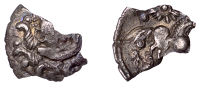 British Iron Age, TRINOVANTES, Uninscribed issues, silver Unit, Dolphin Curls type, head left, wearing headband with...