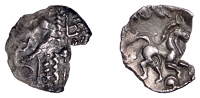 British Iron Age, NORTH EAST THAMES, Uninscribed issues, silver Unit, Colchester Wreaths type, crossed wreaths, rev....