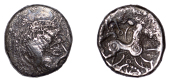 British Iron Age, REGINI, Uninscribed issues, silver Unit, Ashdown Forest Helmet, helmeted head right, lentoid eye,...