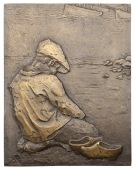 FRANCE, Garçon à genoux [Boy Kneeling], c. 1900, a uniface cast bronze plaque by R.-A.-A. Baudichon, side view of...