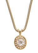 A diamond pendant, the old brilliant-cut diamond within a surround of brilliant-cut diamonds, to a serpent-link...