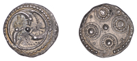 Early Anglo-Saxon Period, Sceatta, Secondary Series H, type 48, clockwise whorl of three linked serpents, with open...