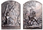FRANCE, Le Charmeur [The Seducer], 1906, an Art Nouveau bronze plaque by M.-A.-L. Coudray, naked Genie seated to...