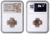 British Iron Age, CORIELTAUVI, Uninscribed issues, gold Stater, South Ferriby type, devolved head of Apollo...