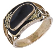 An early 19th century enamel memorial ring, the rectangular bezel decorated with black enamel, with white enamel...
