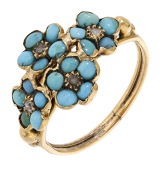 A mid 19th century forget-me-not turquoise ring, the cluster of four forget-me-not flowerheads set with turquoise...
