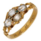 An aquamarine and emerald ring, circa 1850, the four oval mixed-cut aquamarines with emerald highlights between, to...