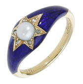 An enamel and pearl memorial ring, 1857, the tapered convex band decorated to the front with blue enamel, to a...