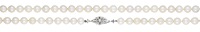 A cultured pearl necklace, the uniform row of cultured pearls to a pierced clasp set with an old brilliant-cut...