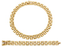 A diamond necklace and bracelet suite by UnoAErre, the polished brick-link necklace leading to a clasp set with...