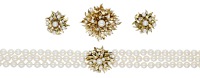 A cultured pearl and diamond necklace, brooch and ear clip suite, the three-row cultured pearl necklace to a...