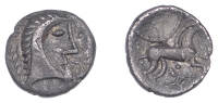 British Iron Age, ICENI, Uninscribed issues, silver Unit, Norfolk God [Moustache] type, stylised male head right,...