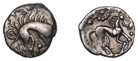 British Iron Age, ICENI, Uninscribed issues, silver Unit, Norfolk Boar Triadic type, stylised boar right, long...