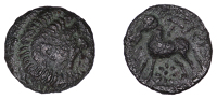 British Iron Age, CATUVELLAUNI, Tasciovanus (c. 25 BC - AD 10), bronze Unit, Jugate type, two bearded heads right,...