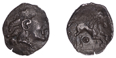 British Iron Age, CATUVELLAUNI, Uninscribed issues, silver Unit, Hadham Heart Ear type, head right, corded hair,...