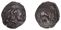 British Iron Age, CATUVELLAUNI, Uninscribed issues, silver Unit, Hadham Heart Ear type, head right, corded hair,...