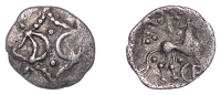 British Iron Age, ICENI, Ecen (c. AD 10-43), silver Half Unit, Mini Ece type, back-to-back crescents in diamond...