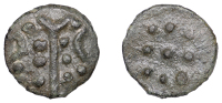 British Iron Age, DUROTRIGES, Uninscribed issues, cast bronze Unit, Hengistbury V-type, spike, pellets and V-shape,...
