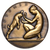 FRANCE, Artémis, 1937, an Art Déco uniface bronze medal by E.-B. Doumenc, naked figure of Artemis kneeling to...