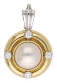 A cultured mabé pearl pendant, 2002, the central cultured mabé pearl within an 18ct gold mount, set with...